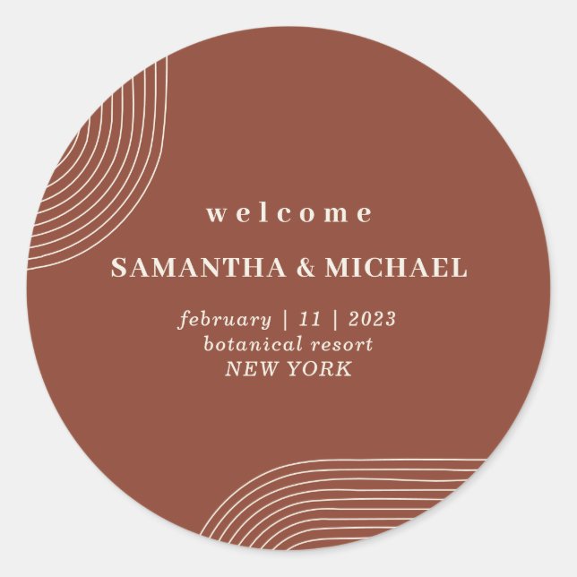 Terracotta Geometric Line Art Welcome Wedding Classic Round Sticker (Front)
