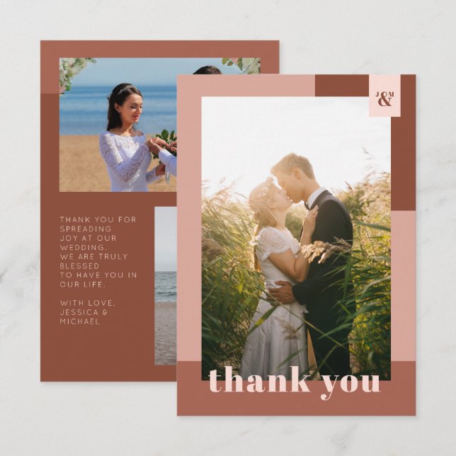 Terracotta Geometric Typography Photo Wedding Thank You Card (Front/Back)