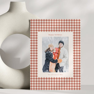 Terracotta Gingham Family Photo Rustic Christmas Holiday Card