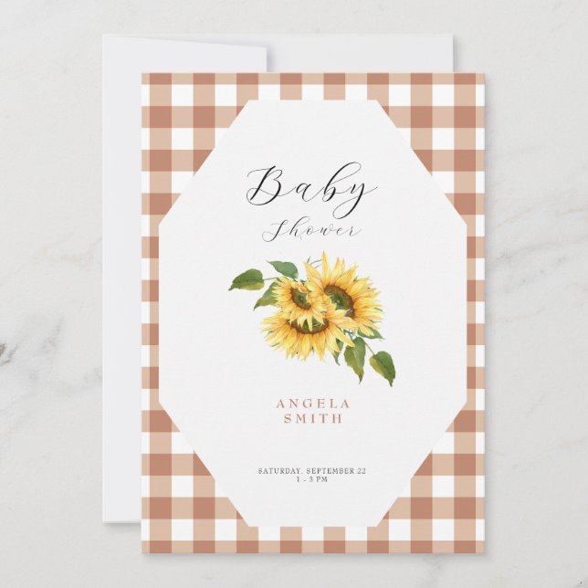 Terracotta Gingham Sunflower Generic Baby Shower Invitation (Front)