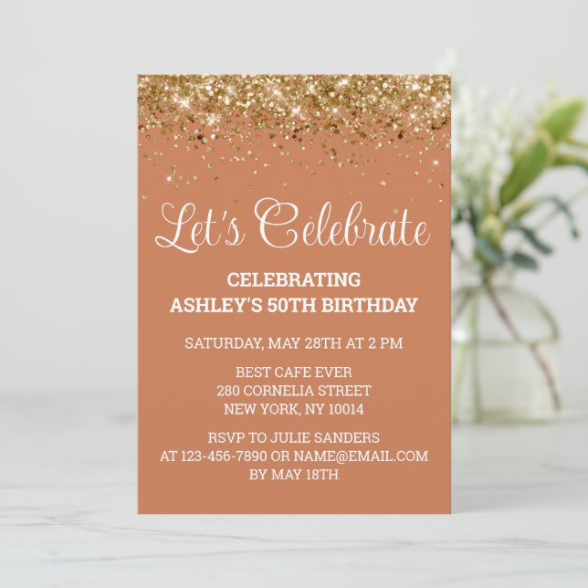 Terracotta Glitter 50th Birthday Let's Celebrate Invitation (Standing Front)