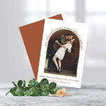 Terracotta Gold Arch Photo Engagement Announcement<br><div class="desc">Modern Terracotta Arch Photo Engagement Announcement. So, the holidays were pretty great! You got engaged! Let your friends and loved ones know about your engagement with this creative and unique announcement featuring your photo and our trendy, stylish, boho arch in faux gold foil. This one is modern terracotta rust brown...</div>
