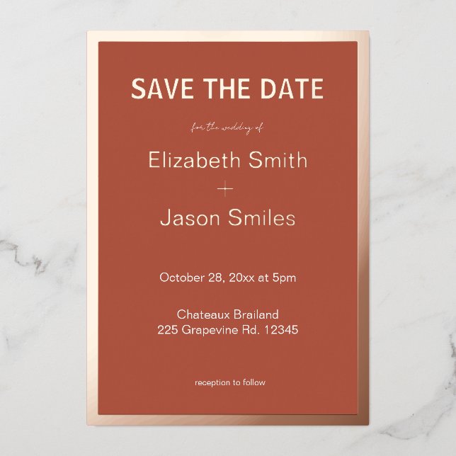 Terracotta Gold Border Wedding Save the Date (Front)