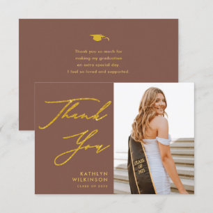 Terracotta Gold Elegant Script Photo Graduation Thank You Card