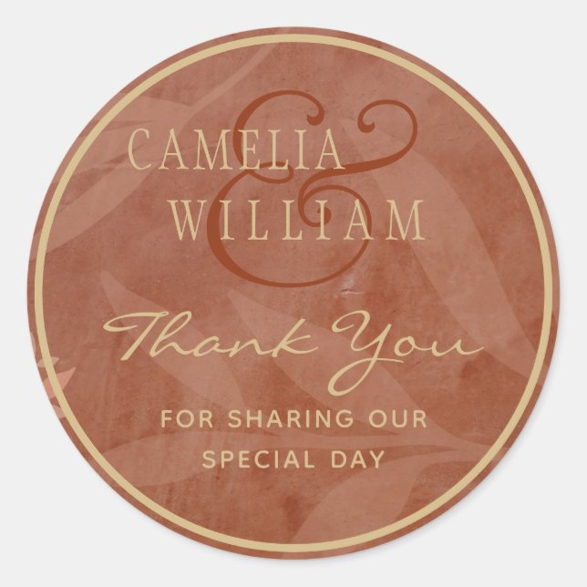 Terracotta Gold Fall Wedding Leaves Modern Classic Round Sticker (Front)