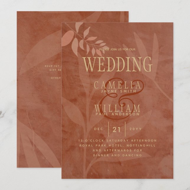 Terracotta Gold Fall Wedding Leaves Modern Invitation (Front/Back)