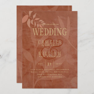 Terracotta Gold Fall Wedding Leaves Modern Invitation