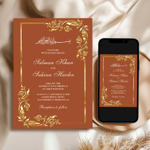 Terracotta Gold Floral Border Islamic Wedding Invitation