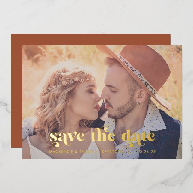 Terracotta Gold Foil Modern Photo Save the Date (Front/Back)
