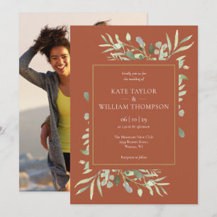Terracotta Gold Foliage Photo Wedding Invitation