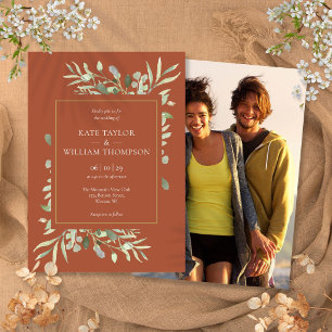 Terracotta Gold Foliage Photo Wedding Invitation