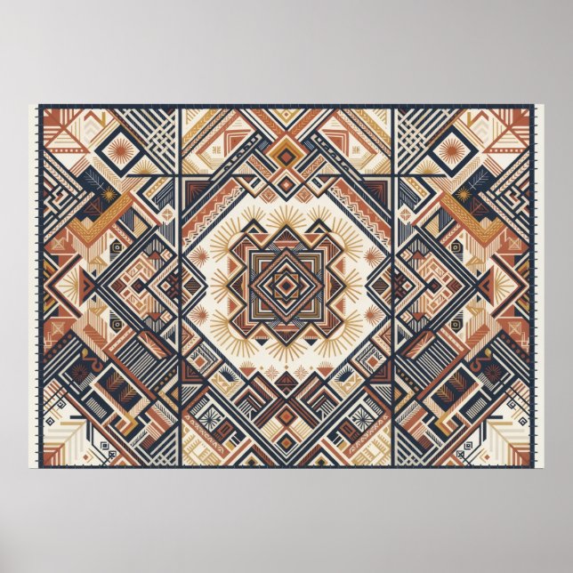 Terracotta Gold Geometric Tapestry Pattern Poster (Front)