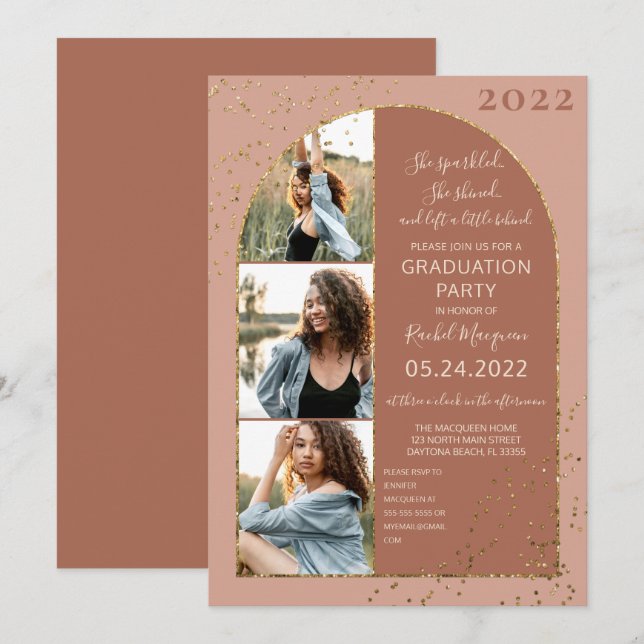 Terracotta Gold Glitter Confetti Photo Graduation Invitation (Front/Back)