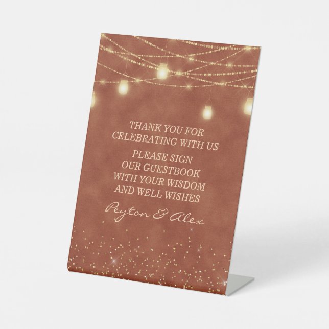Terracotta  Gold Glitter Lights Wedding Guestbook  Pedestal Sign (Front)