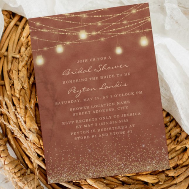 Terracotta Gold Glitter String Light Bridal Shower Invitation (Creator Uploaded)