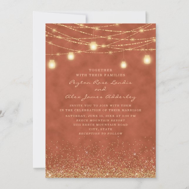 Terracotta Gold Glitter String Light Wedding Invitation (Front)