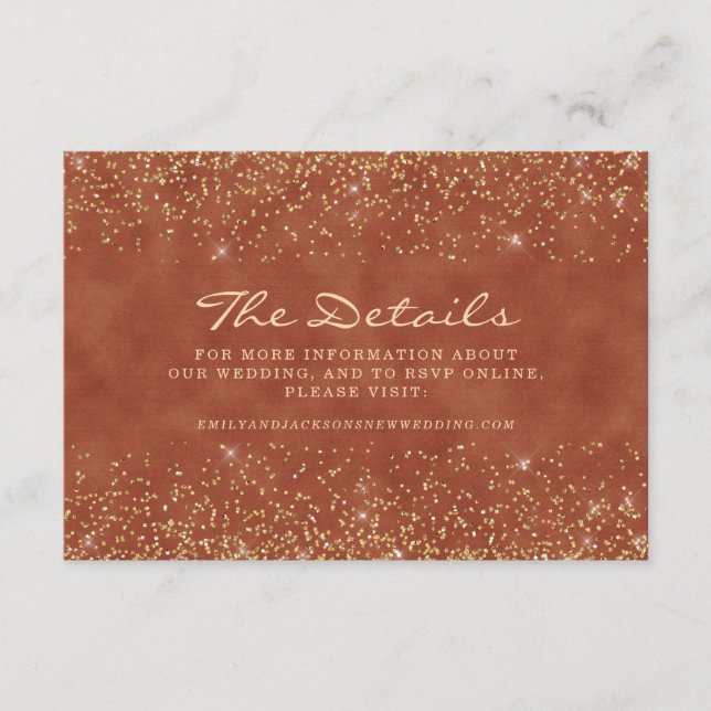 Terracotta Gold Glitter Wedding Details Enclosure Card (Front)