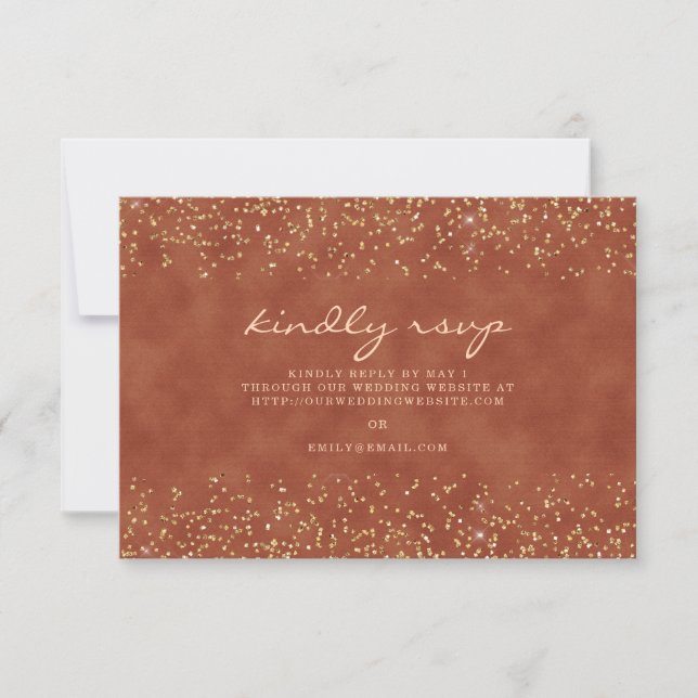 Terracotta Gold Glitter Wedding Kindly Reply RSVP Card (Front)