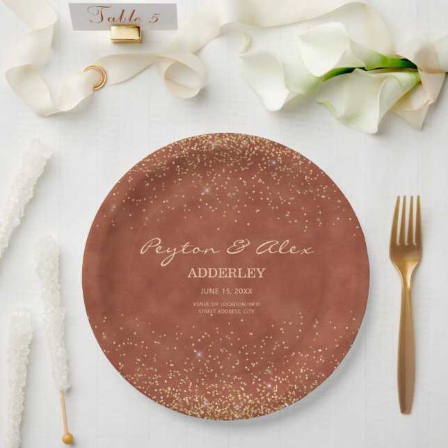 Terracotta Gold Glitter Wedding Reception  Paper Plate (Wedding)