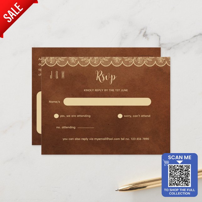 Terracotta Gold Lace Wedding RSVP For Matching Inv Postcard (Creator Uploaded)