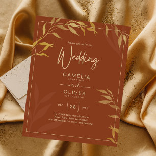Terracotta Gold Leaves Budget Wedding Invitation Flyer