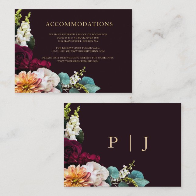 Terracotta Gold Monogram Wedding Accommodations Enclosure Card (Front/Back)