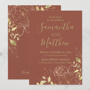 Terracotta & Gold Peony Modern Floral Wedding Invitation