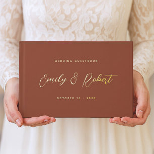 Terracotta Gold Script Modern Photo Wedding Guest Book