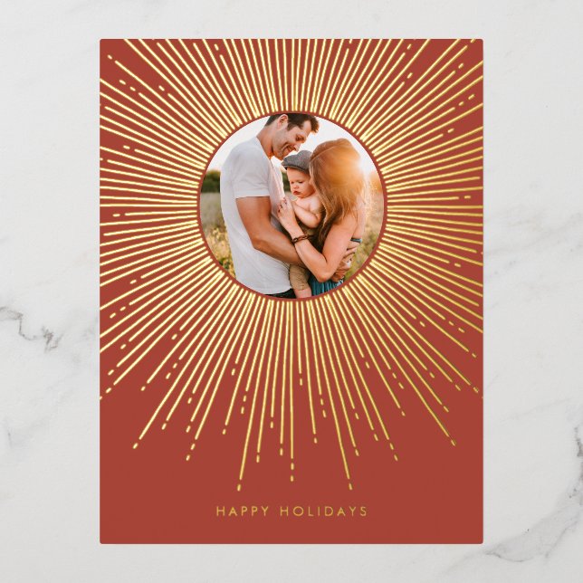 Terracotta & Gold sunburst frame Christmas photo Foil Holiday Postcard (Front)