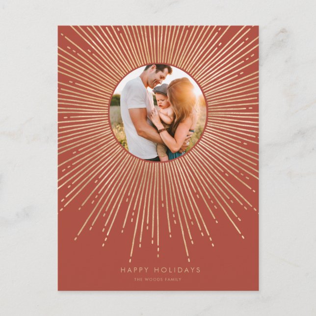 Terracotta & Gold sunburst frame Christmas photo Postcard (Front)