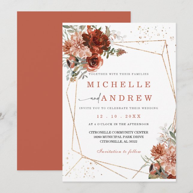 Terracotta Gold Wedding Invitation Template (Front/Back)