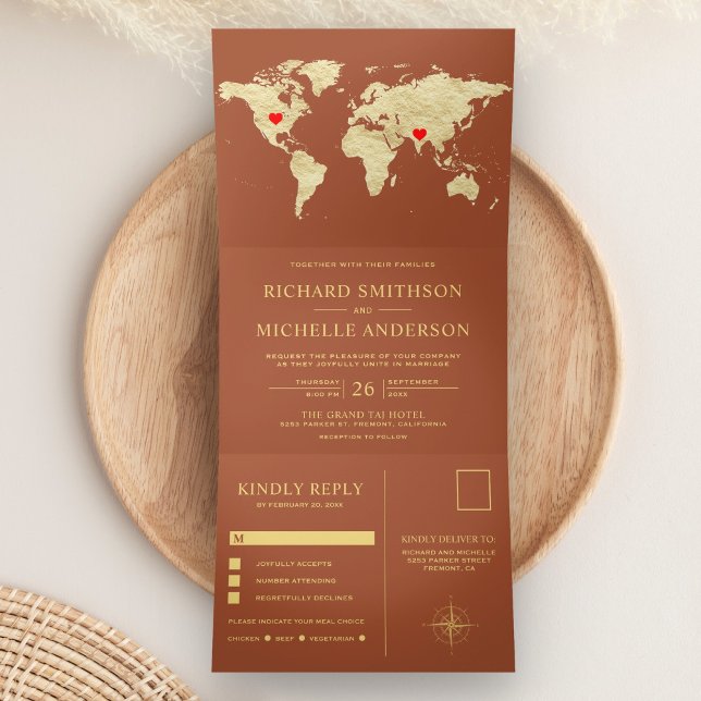 Terracotta Gold World Map All in One Wedding Tri-Fold Invitation (Creator Uploaded)
