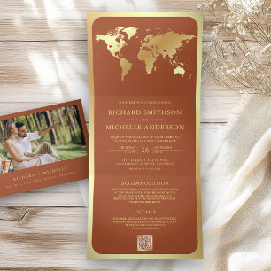 Terracotta Gold World Map QR Code Photo Wedding Tri-Fold Invitation