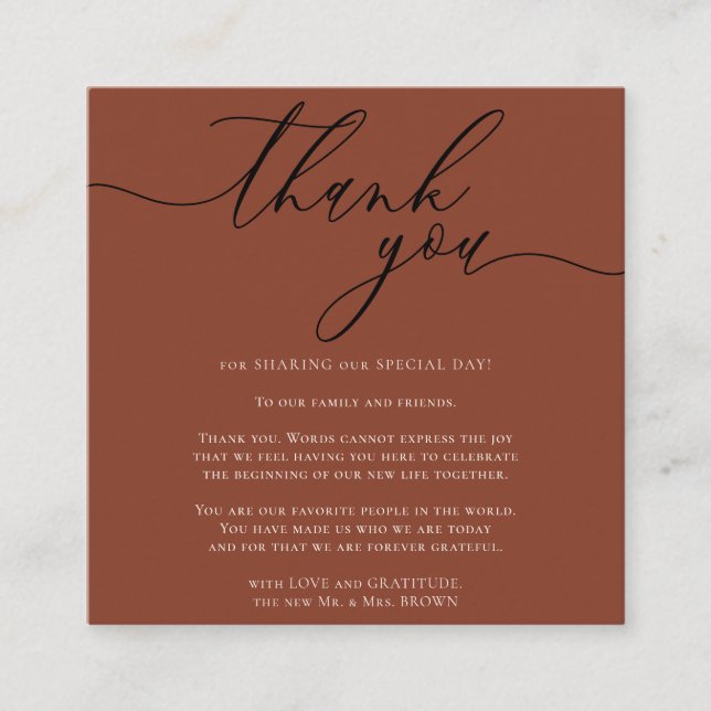 Terracotta Gratitude Styling Script Thank you Enclosure Card (Front)