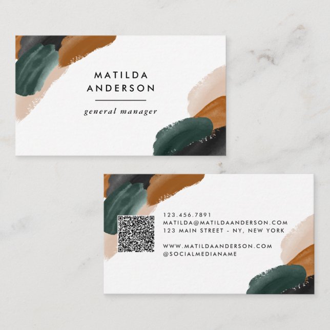Terracotta, green black abstract modern QR CODE Business Card (Front/Back)