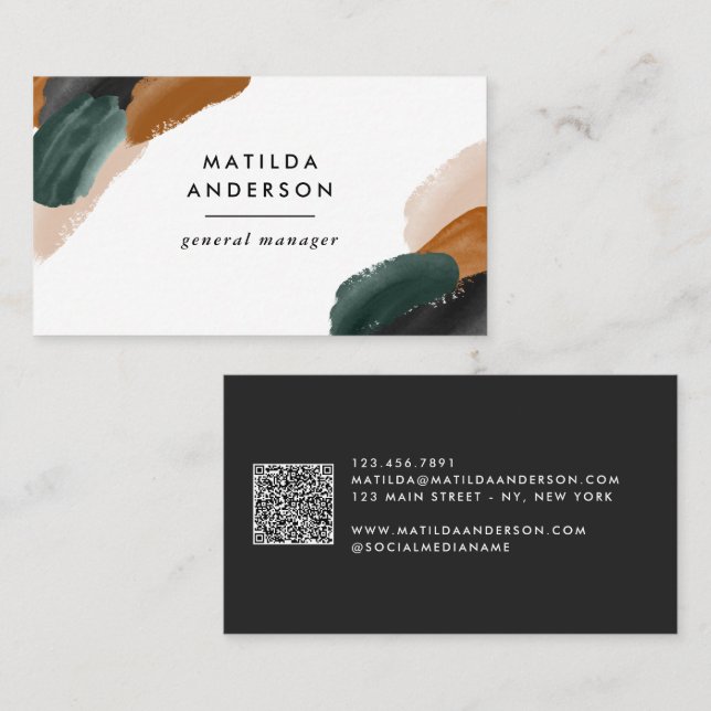 Terracotta, green black abstract modern QR CODE Business Card (Front/Back)