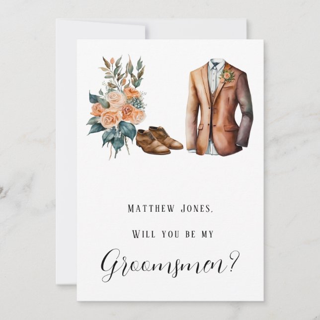 Terracotta Green Man Suit Will You Be My Groomsmen Invitation (Front)