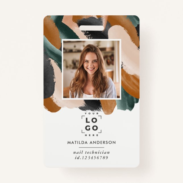 Terracotta green modern minimal photo abstract ID badge (Front)