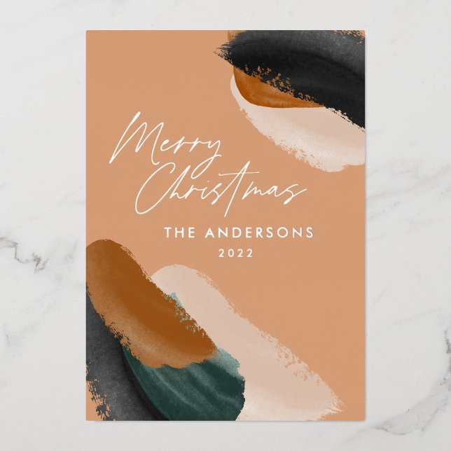 Terracotta green modern minimal unique watercolor foil holiday card (Front)