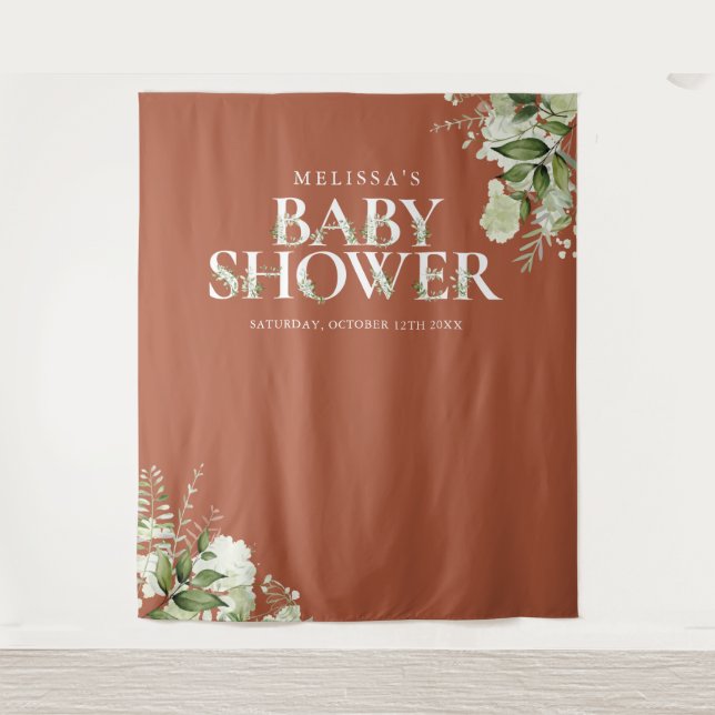 Terracotta Greenery Baby Shower Photo Backdrop Tapestry (Front)