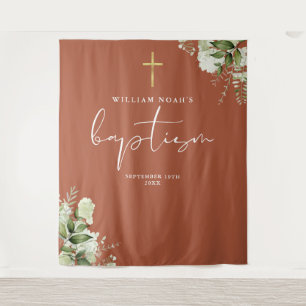 Terracotta Greenery Baptism Photo Backdrop Tapestry
