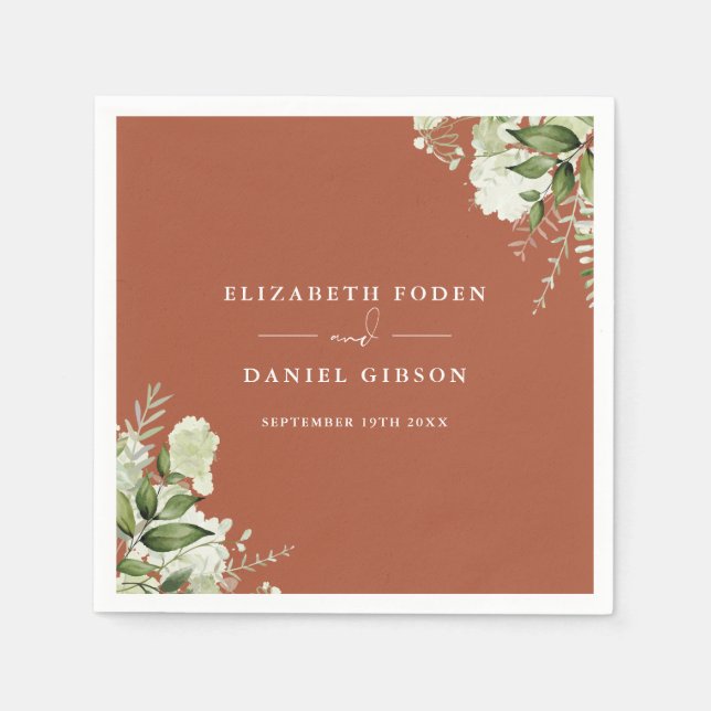 Terracotta Greenery Floral Elegant Names Date Napkin (Front)