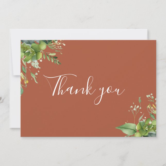 Terracotta Greenery Floral Elegant Script Thank You Card (Front)