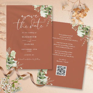 Terracotta Greenery Floral QR Code Wedding Save The Date