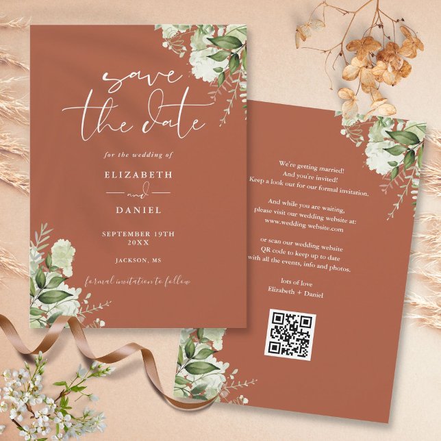 Terracotta Greenery Floral QR Code Wedding Save The Date (Terracotta Greenery Floral QR Code Wedding Save The Date)