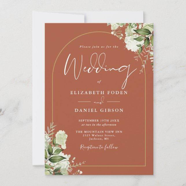 Terracotta Greenery Gold Arch Monogram Wedding Invitation (Front)
