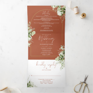 Terracotta Greenery Gold Arch Photo Wedding Tri-Fold Invitation