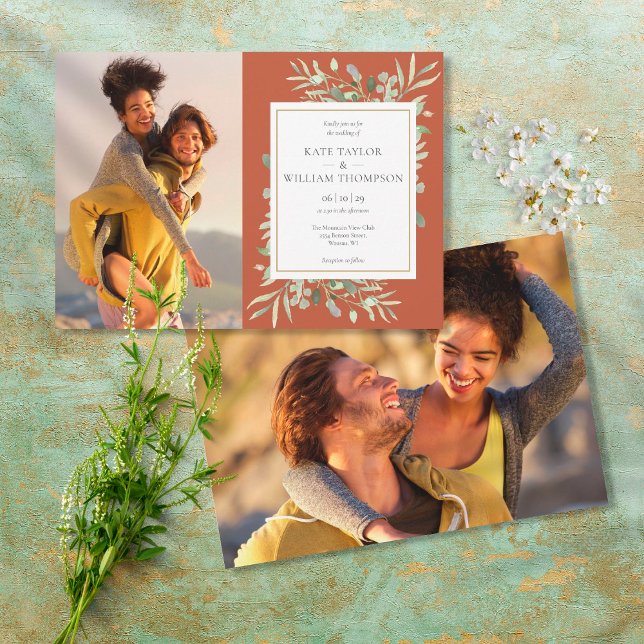 Terracotta Greenery Gold Photos Wedding Invitation (Creator Uploaded)