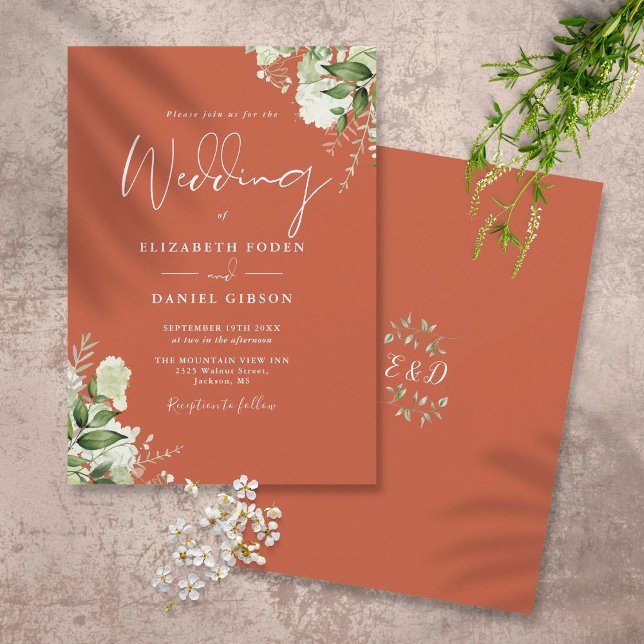 Terracotta Greenery Leaves Monogram Wedding Invitation (Creator Uploaded)