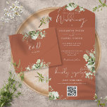 Terracotta Greenery QR Code Monogram Wedding All In One Invitation<br><div class="desc">All in one wedding invitation featuring botanical greenery rustic leaves,  and elegant typography on a terracotta background. The invitation includes a perforated RSVP card featuring a QR code. Designed by Thisisnotme©</div>